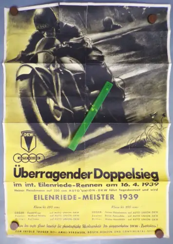 Motorsport Plakat 1939 Doppelsieg Eilenriede DKW Union Poster 