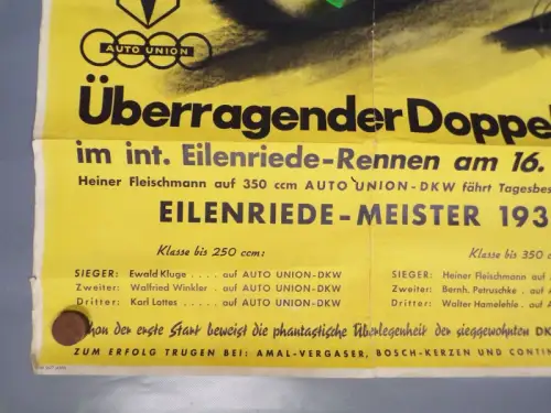 Motorsport Plakat 1939 Doppelsieg Eilenriede DKW Union Poster 