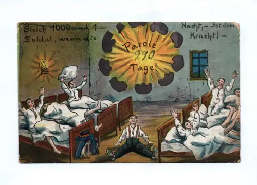 Litho Scherz Humor Parole 290 Tage Reserve Soldaten Betten