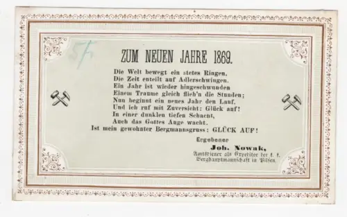 Neujahr Karte 1869 Bergbau Pilsen Böhmen Tschechien
