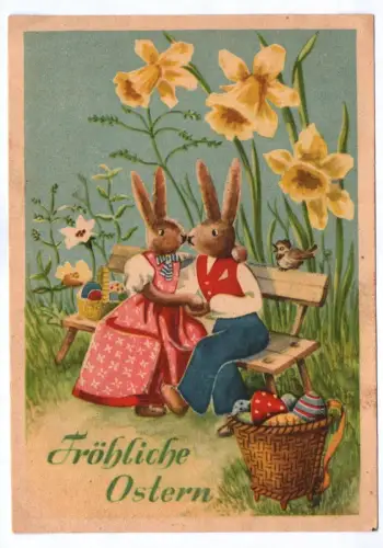 Künstler Ak Fröhliche Ostern vermenschlichte Hasen Pärchen