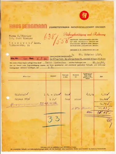 Werbe Rechnung Zigarettenfabrik Haus Bergmann Dresden 1936 ! (D8