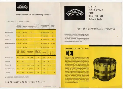 Prospekt Meyer Optik 1961 1962 Fertigungsprogramm
