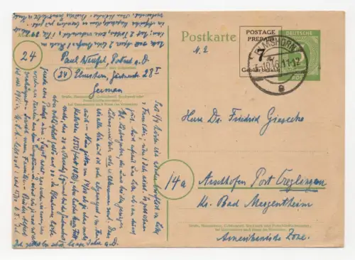 Ganzsache P959 Elmshorn nach Aschhofen 1946