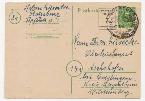 Ganzsache P959 Ratzeburg nach Aschhofen 1947