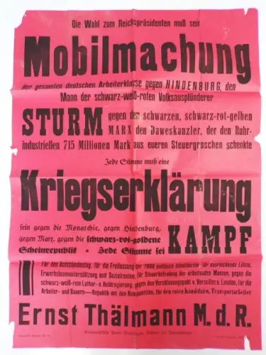 Original Plakat Ernst Thälmann KPD gegen Hindenburg Marx um 1920 Poster