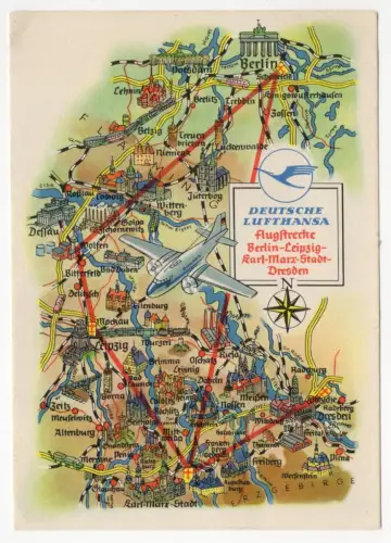 Ak Deutsche Lufthansa Flugstrecke Berlin Leipzig Karl Marx Stadt Dresden 1958