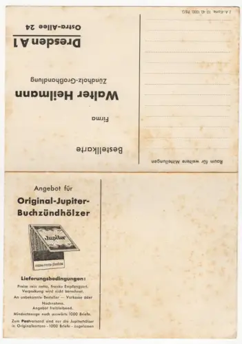 Bestellkarte Jupiter Zündholz Streichhölzer Reklame Heilmann Dresden 1940