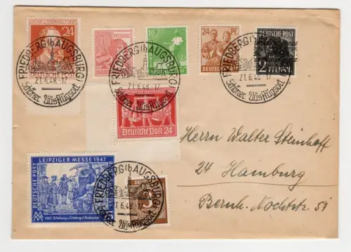 Brief Mischfrankatur 1948 Friedberg nach Augsburg Leipziger Messe Posthorn