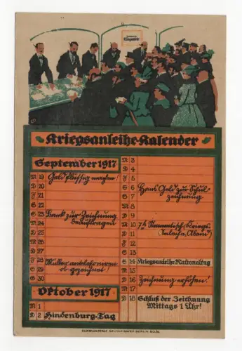 Kriegsanleihe Kalender September Oktober 1917 LO signiert Druck Kalenderblatt