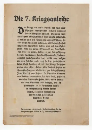 Prospekt 7 Kriegsanleihe Reichsbank Berlin 1 Wk WW1