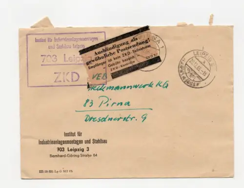 ZKD Brief 1965 Leipzig Industrieanlagenmontagen Stahlbau