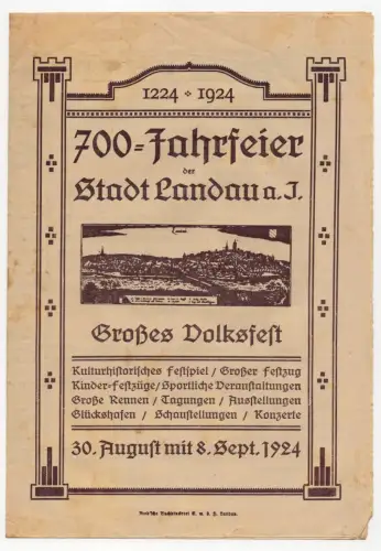 Prospekt 700 Jahrfeier der Stadt Landau Isar Großes Volksfest Programm 1924