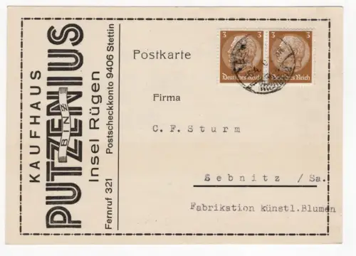 Postkarte Putzenius Kaufhaus Insel Rügen Stettin nach Sebnitz