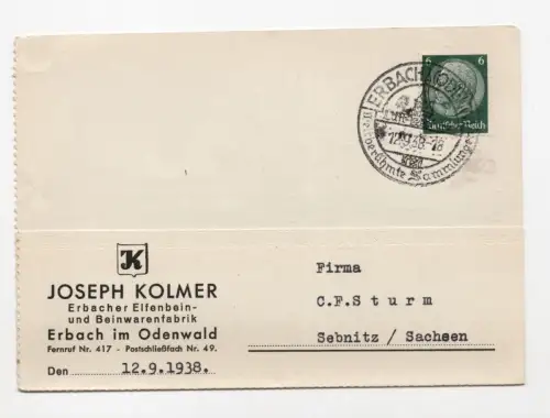 Postkarte Joseph Kolmer Erbacher Beinwarenfabrik Erbach Odenwald 1938