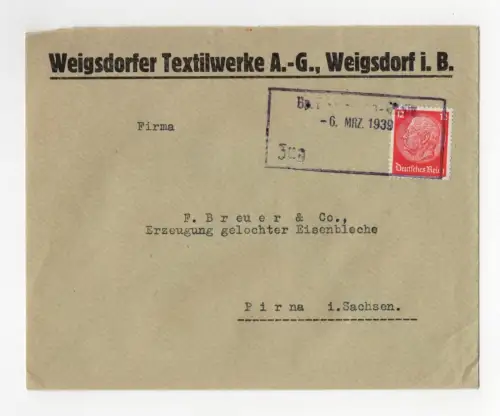 Brief 1939 Weigsdorfer Textilwerke AG Weigsdorf Böhmen Stempel Bahnpost