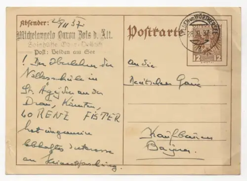Autograph Baron Michelangelo von Zois der Ältere Zoishütte Ober Dellach 1937