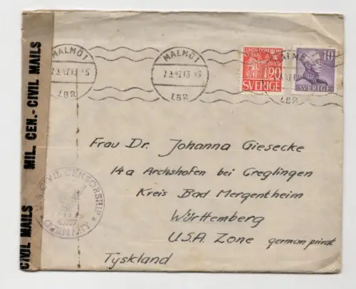 Schweden Brief 1947 Zensur Malmö nach Archshofen Greglingen