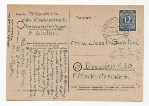 Postkarte 1946 Umsiedlerteillager Niederoderwitz Liesel Schuch-Ganzel