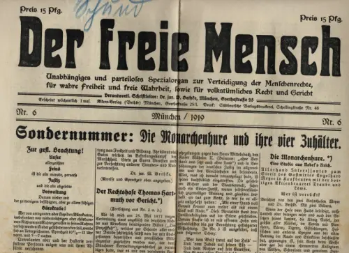 Der freie Mensch Bethke München Zeitung Nr 6 von 1919 Monarchenhure