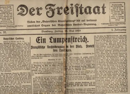 Der Freistaat Zeitung 1 Jahrgang Nr 37 Bamberg 1919 Lumpenstreich