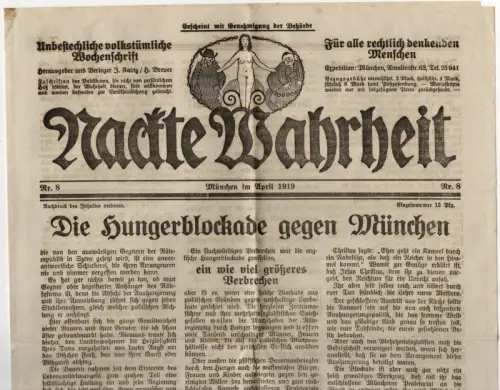 Nackte Wahrheit 1919 volkstümliche Wochenschrift Nr 8 Hunger Blockade München