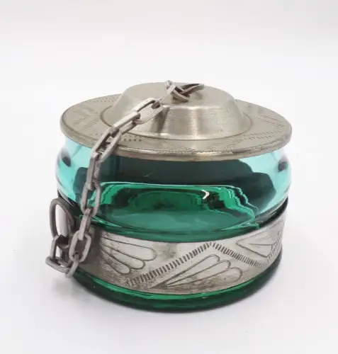 Altes Glas mit Metalldeckel Kette Grün Antik Behälter Vorratsgefäß  