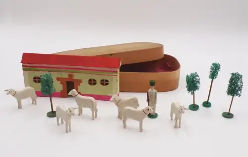 Alte Spanschachtel Erzgebirge Schafe Hirte Haus Bäume um 1900 Schäferei