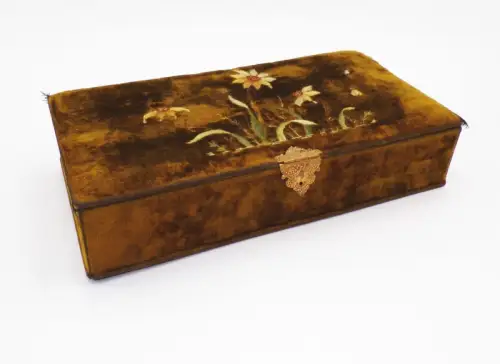Alte Schatulle Samt Blumen Motiv Jugendstil Box Behälter Antik
