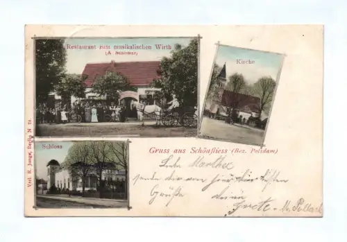 Ak Gruss aus Schönfliss Bezirk Potsdam Kirche Restaurant zum musikalischen Wirth