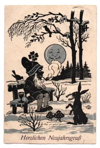 Ak Herzlichen Neujahrsgruß Zwerg Mond Hase BW signiert 1934
