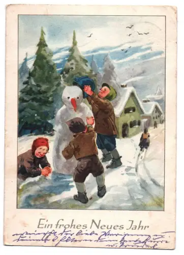 Ak Kinder bauen Schneemann Ein frohes Neues Jahr 1952