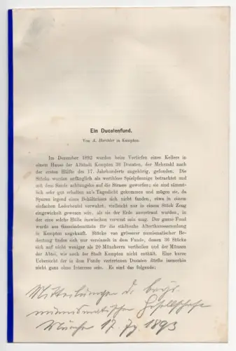 Dukatenfund Kempten 1892 Bericht