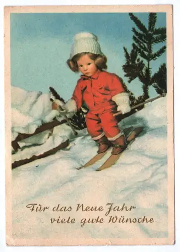 Künstler Ak Für das neue Jahr viel gute Wünsche goldgeprägt Kind beim Skifahren