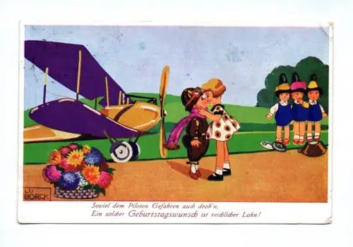 Ak Kinder Mädchen küsst Jungen am Flugzeug 1932 Geburtstagswunsch