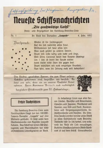 Neueste Schiffsnachrichten Hamburg Amerika Linie HAPAG Dampfer Leopold 1952
