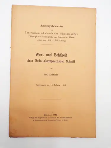 Wert und Echtheit einer Beda abgesprochenen Schrift 1919 Paul Lehmann