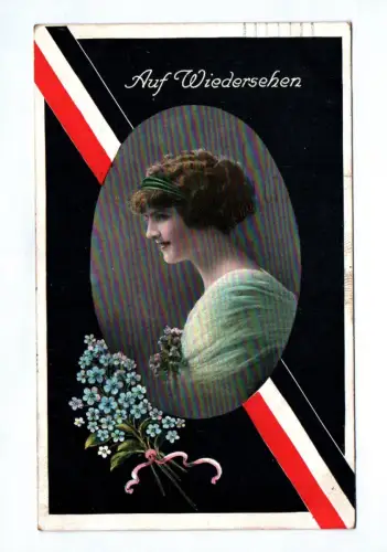Patriotika Ak Frau Fahne Blumen Feldpost 1915 Auf Wiedersehen