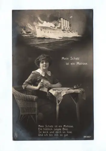 Feldpost Ak 1915 Mein Schatz ist ein Matrose Frau Kriegsschiff