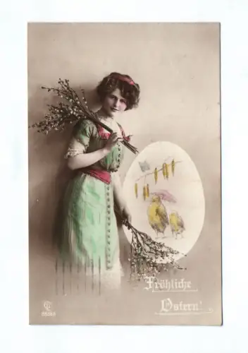 Ak Fröhliche Ostern Feldpost 1915 Mädchen mit Weidenkätzchen