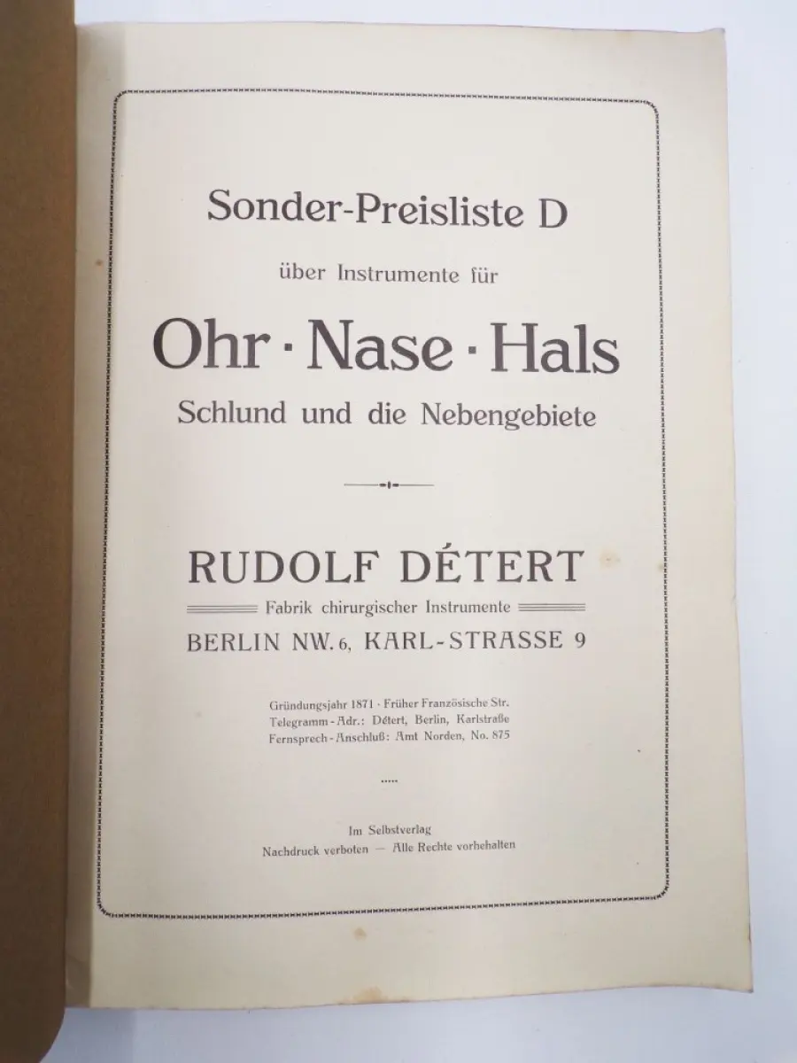Rudolf Detert Berlin Instrumente für Ohr Nase Hals und Schlund Katalog um 1915 1