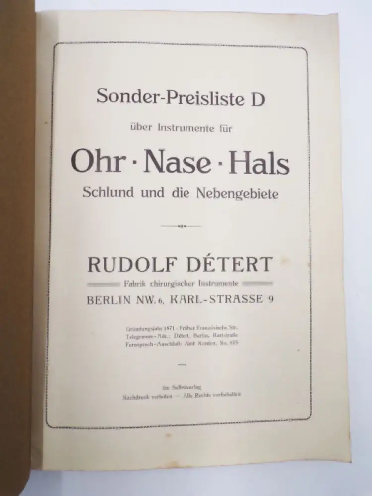 Rudolf Detert Berlin Instrumente für Ohr Nase Hals und Schlund Katalog um 1915 1