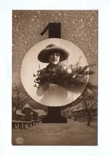 Feldpost Ak 1914 Frau mit Zweigen Viel GLück im neuen Jahr