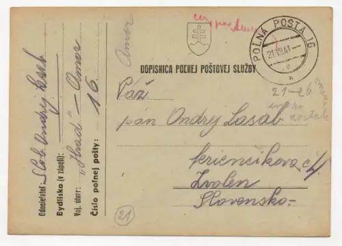Postkarte slowakische Feldpost 1941 schnelle Division Fp. Nr., 16 Polna Posta