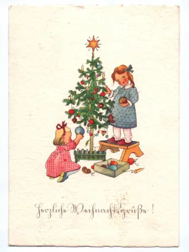 Künstler Ak Herzliche Weihnachtsgrüße Kinder schmücken Weihnachtsbaum 1950