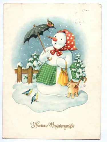 Künstler Ak Schneemann mit Katze Herzliche Neujahrsgrüße