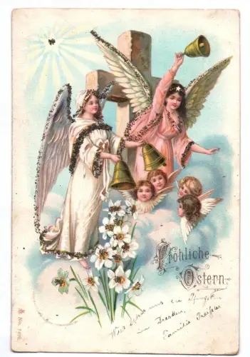 Litho Ak Engel mit Kreuz Fröhliche Ostern 1901
