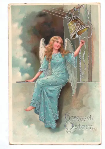 Ak Engel läutet die Glocke Gesegnete Ostern silber geprägt