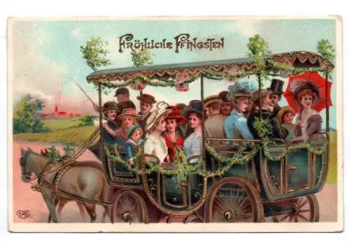Ak Fröhliche Pfingsten Kutsche voller Menschen 1912 gold geprägt