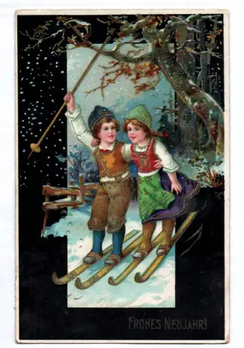 Litho Ak Prosit Neujahr Kinder fahren Ski 1910 geprägt